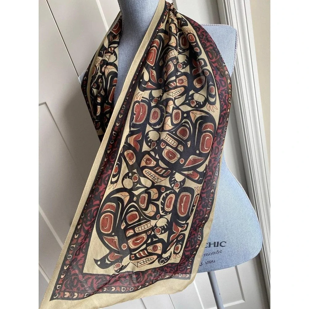 Jocelyn Waugh Indigenous Artist Sheer Silk Scarf Inuit Black Brown 60